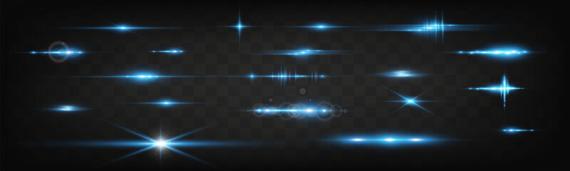 Set of blue horizontal glow effects resembling stars or suns with radiant highlights. Features light energy explosions and flares. Vector artwork ideal for digital, abstract, or futuristic designs.
