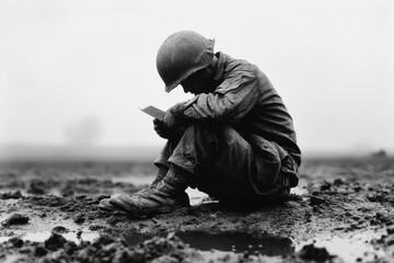 A soldier in uniform, sitting alone on the ground in a barren field, head bowed, and holding a letter tightly
