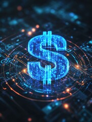 Fototapeta premium Glowing digital blue american dollar interface hologram on dark background. Money business and investment concept