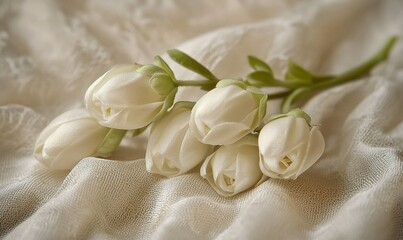 White tulips on delicate lace fabric, soft light, elegant floral arrangement for weddings or gifts