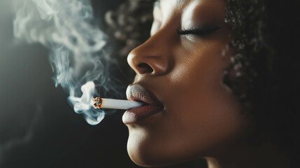 Young woman smoking a cigarette exhaling smoke on dark background