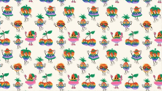 Cute happy funny rainbow fruits. Loop Background. Sketch effect