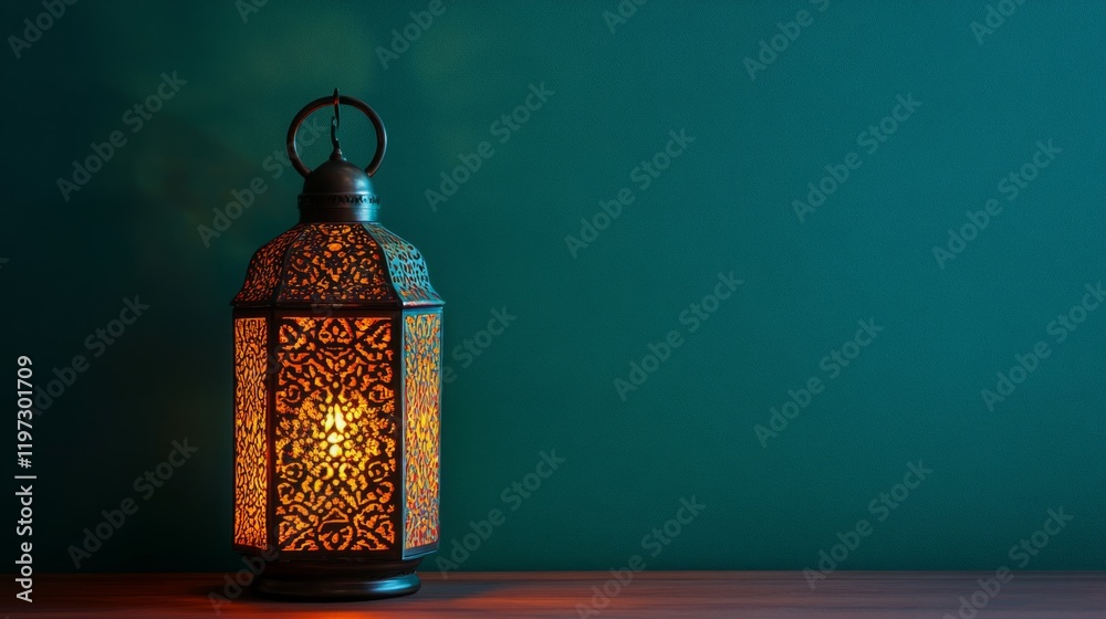 Poster A beautifully designed lantern with intricate patterns, casting a warm glow against a teal background, creating a cozy atmosphere.