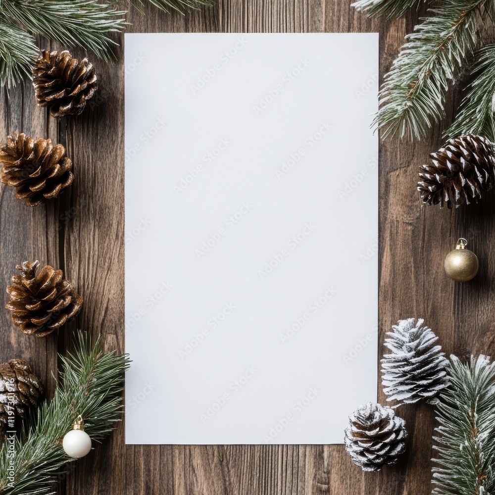 Poster blank template for festive messages set against a rustic wooden background adorned with pinecones an