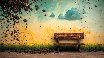 surreal scene featuring wooden bench against colorful wall, with dirt and rocks cascading from sky, creating striking contrast with grassy ground