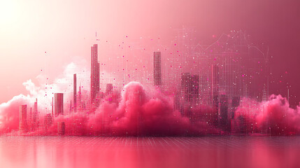 Futuristic city skyline emerging from vibrant pink clouds, showcasing digital elements and data visualization
