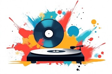 Obraz premium A playful illustration of a retro record player spinning a vinyl, using bright, cheerful colors and set against a white backdrop