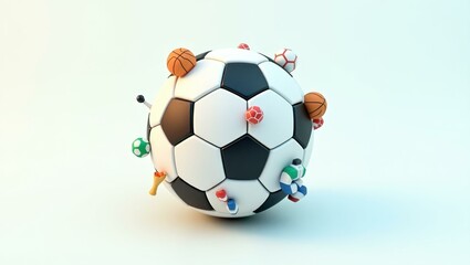 Black and white soccer ball with miniature diverse people climbing and hanging, teamwork concept, sports business presentation, white gradient background, bright vibrant colors, dynamic active mood