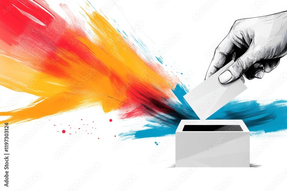 Poster A stylized design of a hand holding a voting card, rendered in bold lines with a single pop of color for emphasis