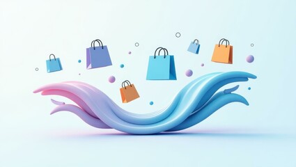 Naklejka premium Colorful shopping bags floating on abstract flowing wave shapes, ecommerce concept for online shopping, retail promotion, and digital marketing, minimalist background with soft pastel blue and pink h