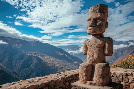 Manco Inca Statue: Majestic Sculpture Against a Cloudy Sky in a Mountain Landscape