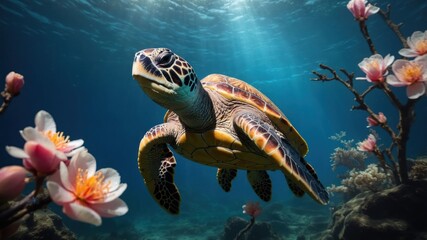 Obraz premium A sea turtle swims gracefully among vibrant underwater flowers in a serene ocean environment.