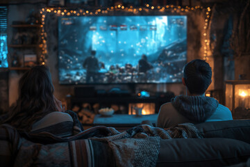 A man and woman are watching a movie on a large screen