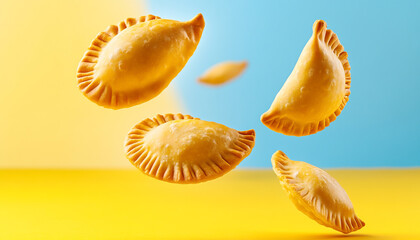 Obraz premium Delicious golden empanadas floating in mid-air against a vibrant background.