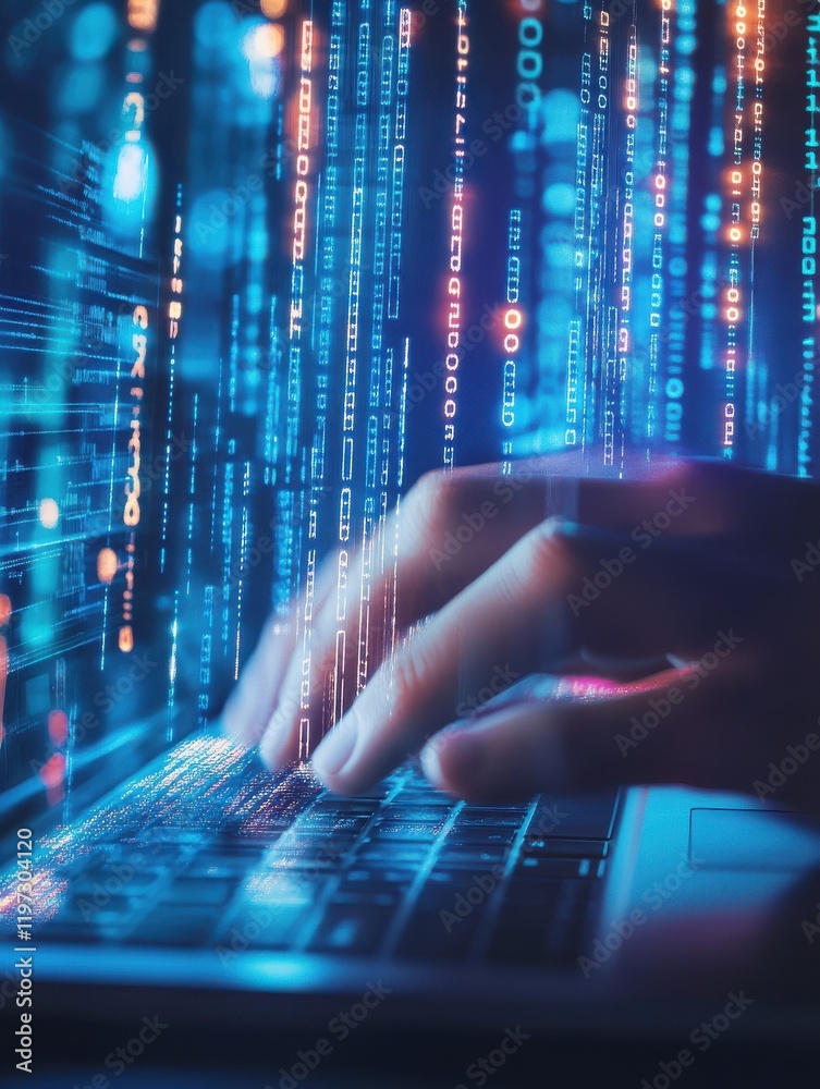 Poster close up of hand using laptop at desktop with abstract glowing blue coding background. binary code, 