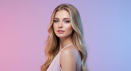 Fototapeta premium Stunning Blonde Woman with Long Wavy Hair Beautiful Skincare and Makeup Portrait
