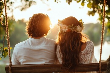 A quiet moment of the couple sitting together on a swing, sharing a loving gaze as sunlight filters through the trees