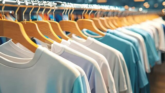 Row of colorful t shirts wooden hangers clothing store display and neatly arranged clothing rack.