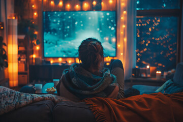 Naklejka premium A woman is sitting on a couch in front of a television