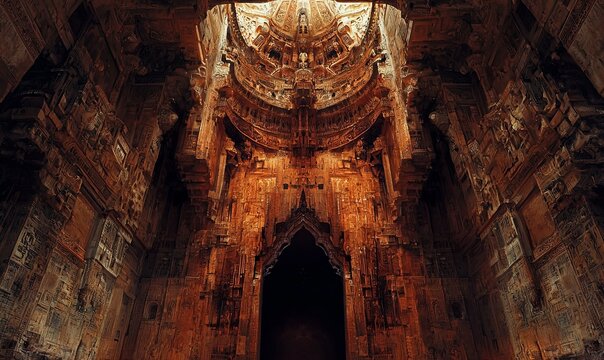 Ancient temple interior with ornate carvings, arches, and dark doorway, ideal for historical or travel content