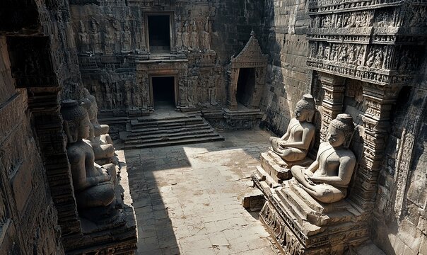 Ancient temple courtyard with Buddha statues, intricate carvings, and doorways, ideal for historical or travel content