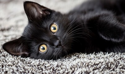 Black kitten with golden eyes relaxing on a soft carpet, ideal for pet adoption campaigns