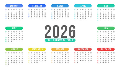 2026 Wall Business Calendar, Bright On Page Design with Colorful Monthly Headers, Annual Planner for Office and Home, Editable and Printable

