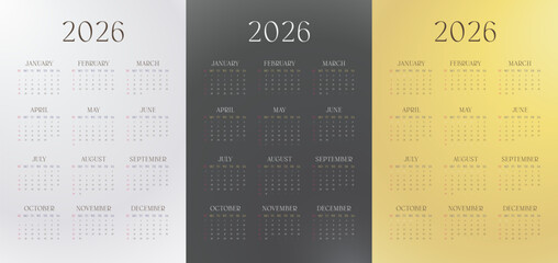 2026 Elegant Calendar Set, Gradient Gold, Black, and White One Page Designs, Minimal Annual Templates for Wall, Printable and Editable
