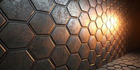 A hexagonal metal background with light emission from within, casting a warm glow on surrounding surfaces, glowing, lighting, illumination, radiance, structure