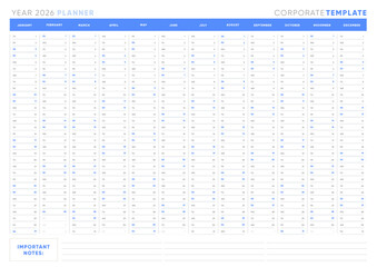 2026 Yearly Planner Template, Clean Horizontal 2026 Calendar Planner with Notes Section. White Blue Colors.