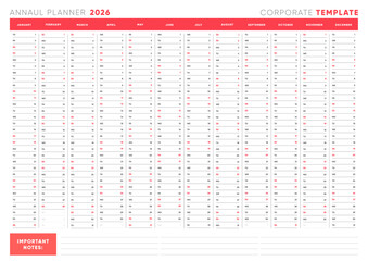 2026 Annual Planner Template, Stylish Horizontal Design with Notes Section, Business Calendar for Office and Corporate Use, Editable and Printable
