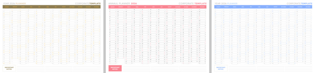 2026 Yearly Corporate Planner Bundle, Horizontal Calendar Templates in Gold, Red, and Blue Themes, Printable and Editable Business Organizers