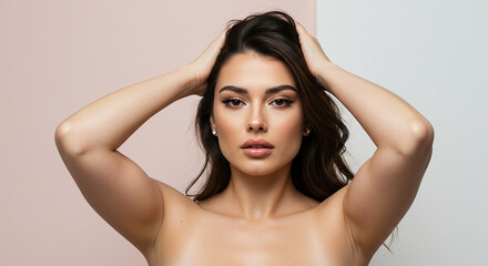 Fototapeta premium Stunning Brunette Woman with Smooth Skin Long Hair and Natural Makeup