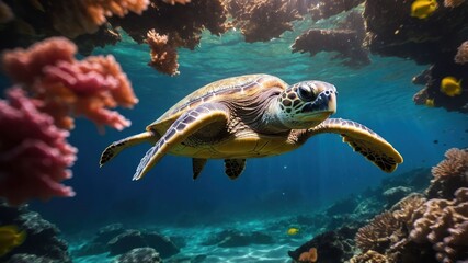 Fototapeta premium A sea turtle glides gracefully through a vibrant underwater scene filled with coral.