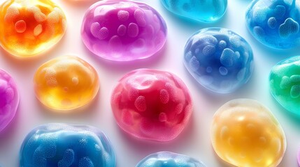 Fototapeta premium A close-up of vibrant multicolor cells in a grid format on a white background, the colors are vibrant and vivid. The cell shapes appear like round or oval-like circles with some parts shaped as curved