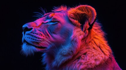 Naklejka premium Neon Lioness Portrait, Studio, Dark Background, Wildlife Art
