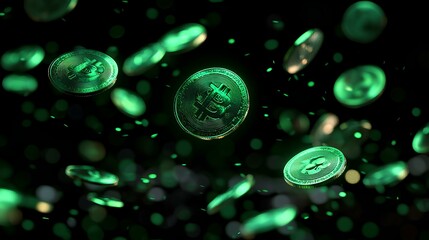criptos coins, falling coins, style vector 3D color green and  black, background black