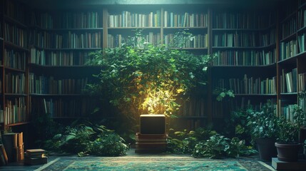 Vintage Television Surrounded By Books and Lush Greenery