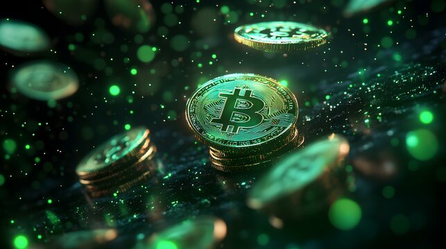 criptos coins, falling coins, style vector 3D color green and  black, background black
