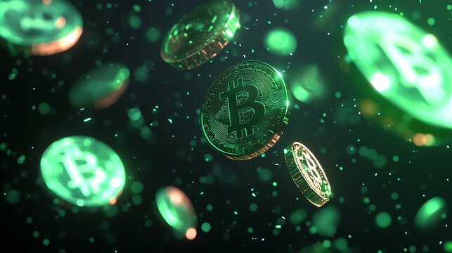 criptos coins, falling coins, style vector 3D color green and  black, background black