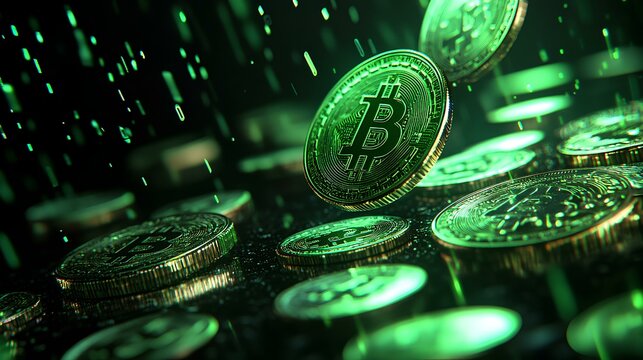 criptos coins, falling coins, style vector 3D color green and  black, background black