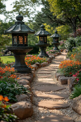 Jardin japonais paisible au printemps, fleurs vibrantes, lanternes en pierre, chemin sinueux