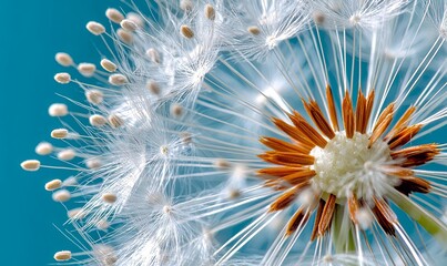 Obraz premium Close-up of dandelion seedhead on blue, showing delicate seeds and center