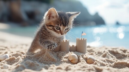 Cute kitten playing with sandcastle on sunny beach during summer afternoon