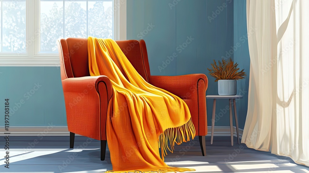 Poster Orange Armchair With Yellow Blanket Near Window