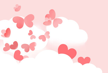 Hearts in love unite in heaven and fly together like butterflies on pink love background