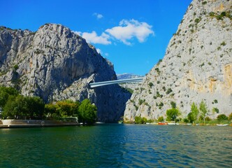 Bridge above Cetina river, Omis, Croatia with panoramic view and mountain