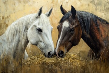 Two Majestic Arabian Horses Grazing on Hay in a Serene Farm Setting