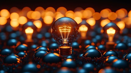 Light Bulb Floating Among Orange Light Bulbs Idea Concept Creative 