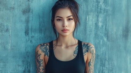 Fototapeta premium Portrait of a Young Woman with Tattoos Against a Teal Background